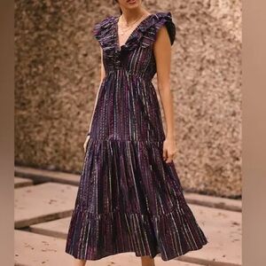 Roller Rabbit Rainbow Ondine V-Neck Tiered Striped Maxi Dress Size S